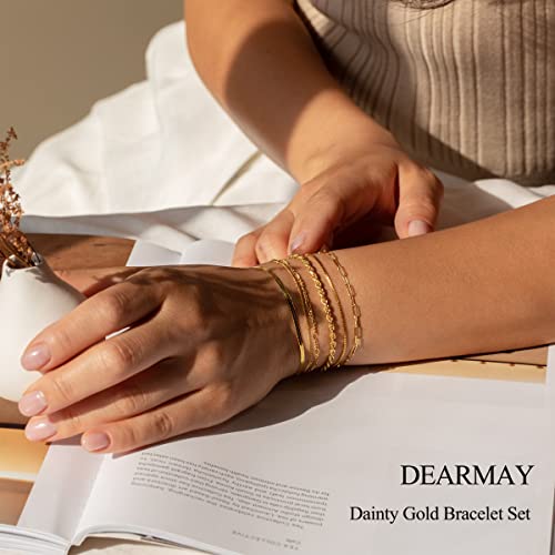 Dearmay Gold Bracelets for Women Waterproof, 14K Gold Plated Minimalist Bracelets Stack Non Tarnish Trendy Dainty Herringbone Vintage Cuban Paperclip Rope Thin Box Link Chain Stackable Jewelry Sets Modern Fashion Accessories Gifts for Womens - style: 6Pcs