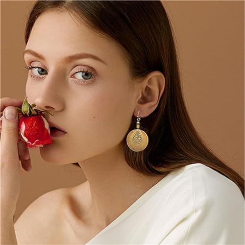 Bohemian Earrings - Dangle Boho, Handmade Antique Ethnic Jewelry, Vintage Carved Hoop Spiral Earrings for Women, Ethnic Brown Disc Round