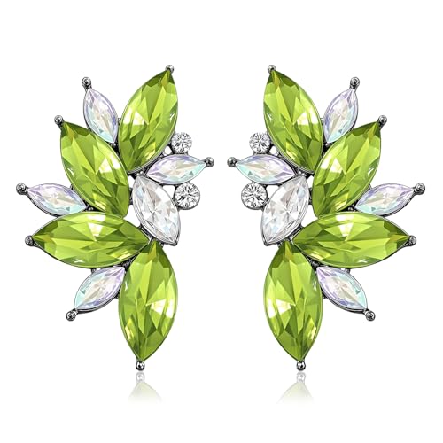 Bohemian Statement Sparkly Colourful Fancy Rhinestone Crystal Flower Dangle Drop Stud Earrings Vintage Wedding Bridal Prom Earrings for Women - color: White Green