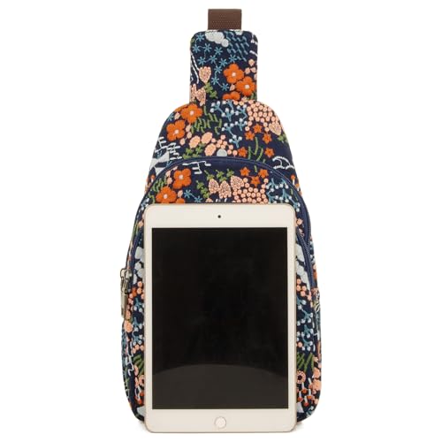 SILKAREA Canvas Sling Bag for Wome Crossbody Purse Small Sling Backpack Purse Travel Hiking Chest Bag Daypack - color: Embroidered Blue