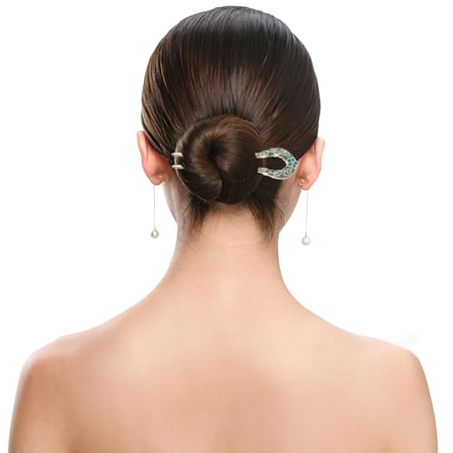 Lurrose Double Prong Hair Pin U Shaped Crystal Chignon HairPin Stick Hairstyle Accessory for Women Girls(Blue) - color: Blue