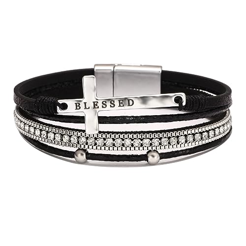Fesciory Leopard Bracelet for Women, Boho Leather Wrap Multi-Layer Pearl Crystal Bracelet Bangle Jewelry - style: Blessed Cross(Black)