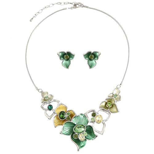Vintage Chunky Statement Jewelry Set Retro Leaf Floral Geometric Bohemian Boho Bib Necklace Earring Set Fashion Costume Jewelry for Women Girls Wedding Party Prom Unique Gift - style: 3 petal flower JS silver green