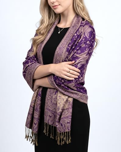 Achillea Reversible Paisley Pashmina Rave Scarf – Exotic Indian Shawls and Wraps for Evening Dresses, Festivals, All Seasons - color: Purple