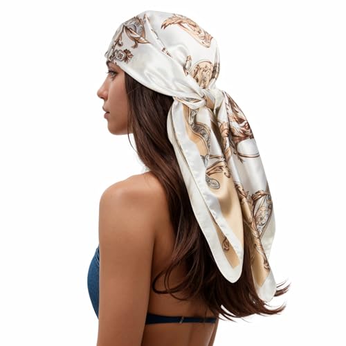 RIIQIICHY Head Scarf for Women Like Silk Scarf Hair Scarf Printed Square Scarf Bandanas for Women 35 Inches - color: Ivory/Beige/Brown