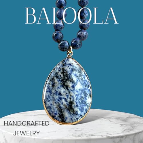 Long Genuine Stone beads and Pendant Necklace for Woman. Hand Knotted natural stone beads with big non-precious stone statement necklace. HANDMADE Boho Jewelry for women. - color: Blue