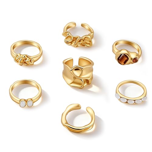 Chunky Gold Rings for Women Non Tarnish Boho Stackable Rings Set Adjustable Open Joint Finger Midi Knuckle Ring Packs - color: Gold Chunky Rings 7Pcs