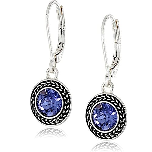 Savma Handmade 925 Sterling Silver Leverback Earrings for Women, Vintage Celtic Round Crystal Dangle Drop Earrings, Lightweight Boho Hypoallergenic Jewelry Gift - color: Dark Blue Stone