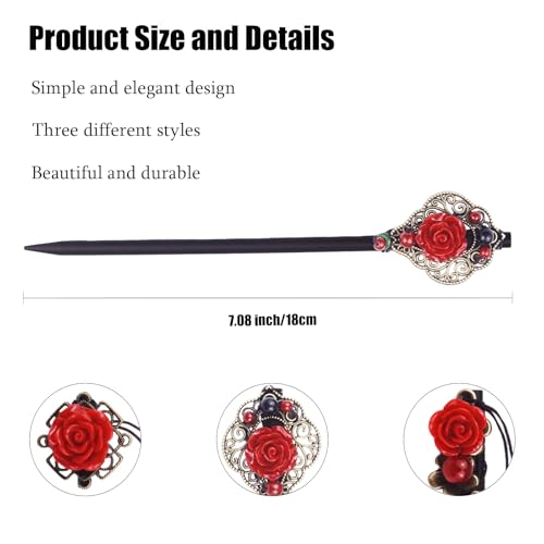3 Pieces Retro Wooden Hair Sticks with Tassels and Flowers - Vintage Handmade Rose Hair Accessories for Women and Girls