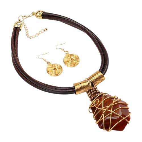 Ethnic Crystal Rhinestone Pendant Necklace Earrings Set Women Handmade Tribal Collar Choker Chunky Metal Bib Rope Chain African Statement Jewelry Set - color: N1505-brown