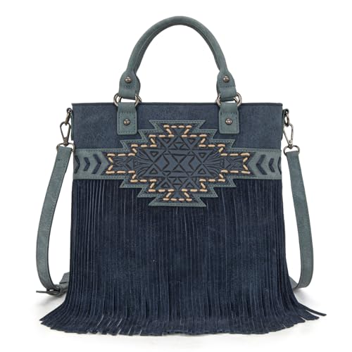 Trinity Ranch Crossbody Bags for Women Tooled Fringe Top Handle Handbags Vintage Western Purse - color: Navy