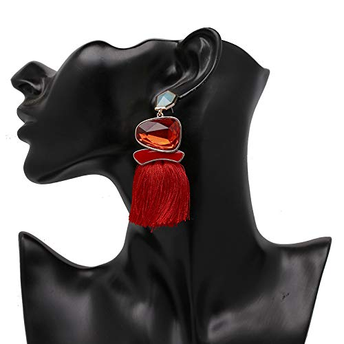 Vintage Long Tassel Drop Dangle Earrings Rhinestone Water Heart Leaf Shaped Boho Statement National Ethnic for Women Multicolor Boho Jewelry - color: Red