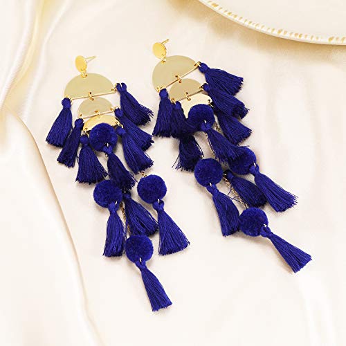Long Tassel Earrings for Women Colorful Fringe Drop Dangle Earrings Bohemian Hawaiian Summer Beach Jewelry for Womens Vacation Outfits - color: Royal Blue