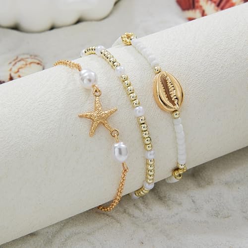 Vivian&CD Boho Shell Anklets Bracelet for Women Waterproof, Gold Layered Seashell Starfish Puka Shell Anklet, Adjustable Colorful Beaded Stack Stretch Bead Bracelet Set, Fashion Beach Foot Jewelry for Hawaii Summer Vacation - style: Starfish4