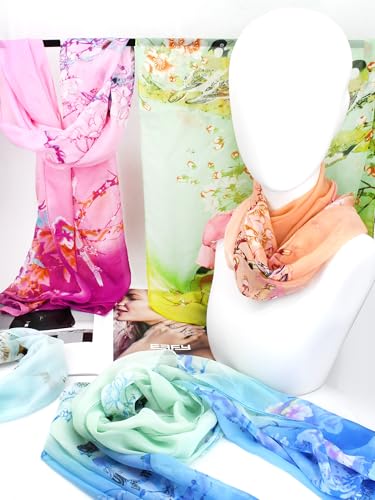 6 Pieces Scarves for Women Ladies Lightweight Silk Gorgeous Floral Pattern Lotus Print Chiffon Scarves - color: Magpie Nature Pattern