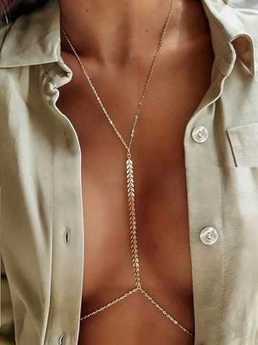 MODRSA Gold Body Chain Jewelry for Women Back Necklace for Backless Dress Backdrop Pearl Rhinestone Belly Chain Waist Chains Bra Chains Lingerie Summer Bikini Bodychain Trendy Sexy Stomach Jewelry - color: A2- body chain chest -gold