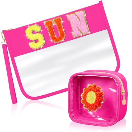 Hillban 2 Pcs Sunscreen Chenille Letter Bags Makeup Cosmetic Bag Waterproof Sun Travel Pouch Beach Pool Things Summer Stuff Preppy Patch Traveling Accessories for Women (Sun Theme) - style: Sun Theme