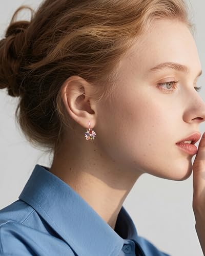 Vintage 14K Gold Plated Flower Birthstone Earrings - Hypoallergenic Leverback Floral Earrings, Trendy Jewelry Gifts for Women - color: Colored