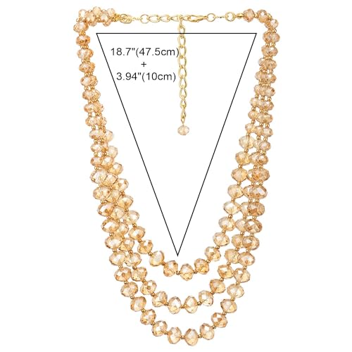 COOLSTEELANDBEYOND Crystal Beads Statement Necklace, Three-strand Layered Necklace, Waterfall - color: A-Color: Champagne & Gold