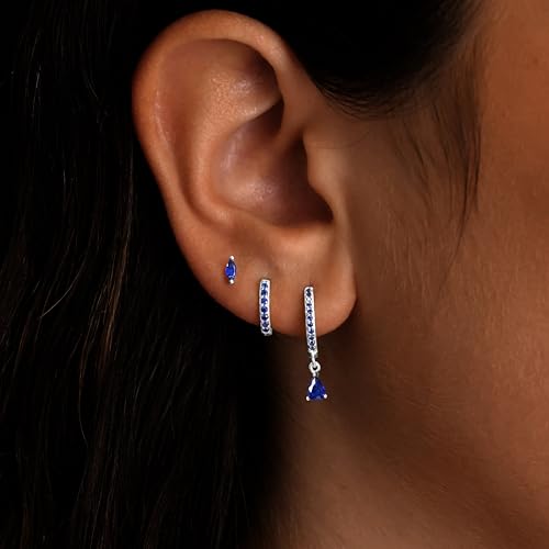 14K Gold Plated Small Huggie Hoop Earrings Set for Women, Hypoallergenic Dainty Sterling Silver Dangle Studs for Cartilage Helix, Lightweight Trendy Cute Stack Birthstone Jewelry Gift - color: 09_Sapphire_Sep_Silver