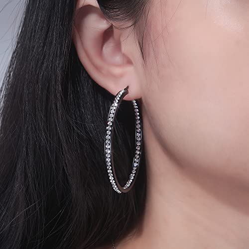 CiNily Mult-colors Crystal Stainless Steel Hoop Earring for Women Hypoallergenic Jewelry for Sensitive Ears Large Big Hoop Earrings 2" - color: Black Gold+White