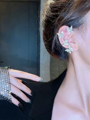 2Pcs Rhinestone Butterfly Earrings Ear Cuffs Non-Pierced Fake Earrings Butterfly Climber Wrap Around Earring Dainty Adjustable Ear Clip Jewelry for Women - color: Style5-silver