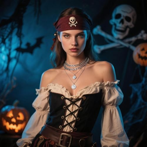 Todenb Pirate Necklace for Women Pirate Costume Accessories Pirates Outfit Jewelry Gold Coin Pendant Necklace Gold Layered Necklaces Halloween - color: A-Silver