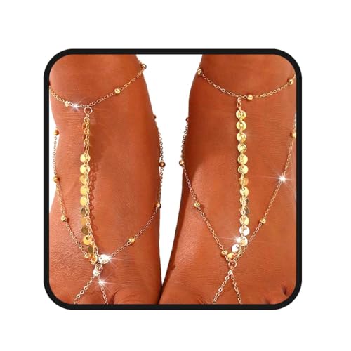 Yalice Gold Beaded Foot Chain for Women Sequins Barefoot Sandals Rhinestone Coin Toe Anklet Summer Wedding Pearl Foot Jewelry - style: Sequins