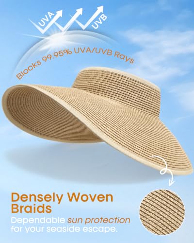 Womens Sun Visor Hats Wide Brim Straw Beach Hat UV Protection Ponytail Packable Beach Vacation Essentials - color: Mix Beige