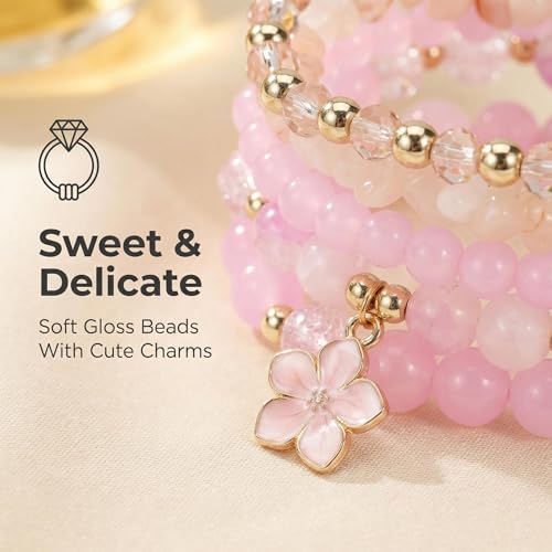 LOTSOF Boho Flower Beaded Bracelet Set for Women - Multilayer Crystal & Flower Charm Stackable Bracelets, Fashion Jewelry Gift for Her - color: Pink