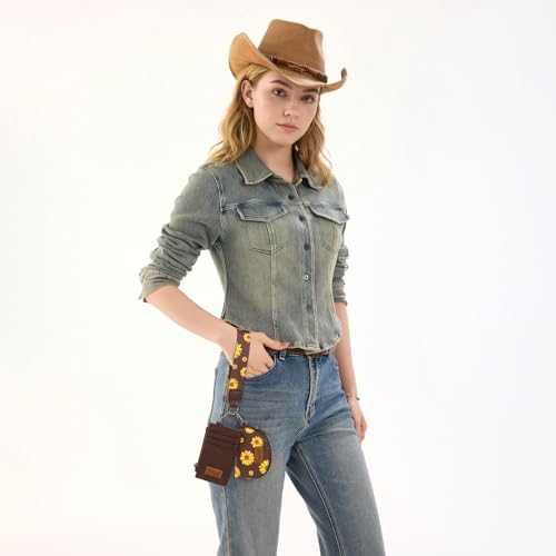 Wrangler KeyChain Wristlet Wallets for Women Sunflower Floral Dual Pouch Wristlet Western Credit Card Holder Wallet with Zipper Pocket - color: Sunflower Coffee