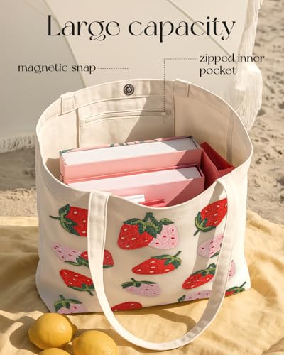 Miss Adola Embroidery Tote Bag with Pocket & Buckle - Reusable Canvas Tote for Women Cute Aesthetic Work Shopping Grocery Bag - style: Strawberry
