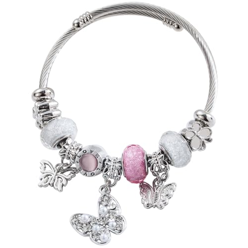 Silver Women Bracelets - Adjustable Charm Bracelets for Women Birthday Gifts Favors Titanium Steel Bracelet Bundle Jewelry Kit - color: D: Butterfly - Pink