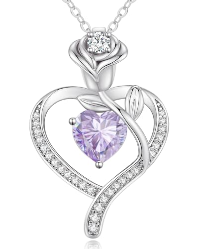 LOUISA SECRET Rose Flower Heart Birthstone Necklaces for Women, 925 Sterling Silver Jewelry, Pendant Heart Necklaces Birthday Anniversary Christmas Gift for Women Wife Mom Girlfriend Lady - color: White Gold-06-Jun