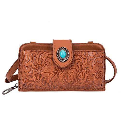 LAVAWA Women's Crossbody Handbag Small Vintage, Ladies Wallet Western Adjustable Phone Purse Clutch Turquoise Concho Embossed - color: Brown
