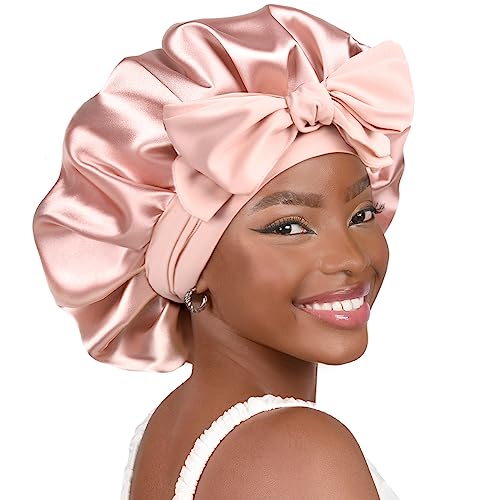 YANIBEST Adjustable Satin Bonnet for Sleeping Women Double Layer Hair Wrap Reduce Friction Prevent Frizz Natural Curly Hair - color: Blush Pink