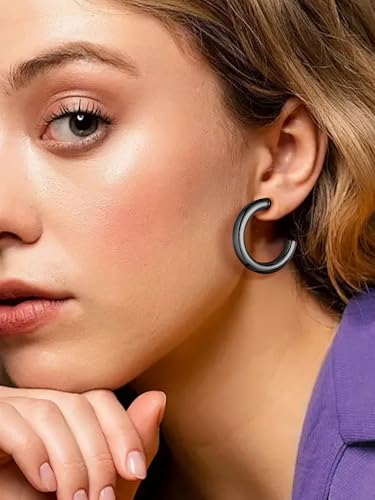 Stainless Steel Chunky Hoop Earrings For Women, Minimalist and Chic, Black/Gold Plated, Round Hoops Earrings Hypoallergenic, Size: 30mm/40mm/60mm/80mm, Come with Box - color: 2. Black, size: 30MM
