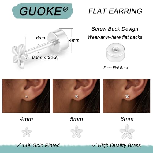 3 Pair Tiny Flat Back Earrings for Women - 14K Gold/White Gold Plated Dainty Cute Small Screw Flatback Stud Earring, Everyday Wear Gift - color: Flower Flat-4/5/6mm Silver