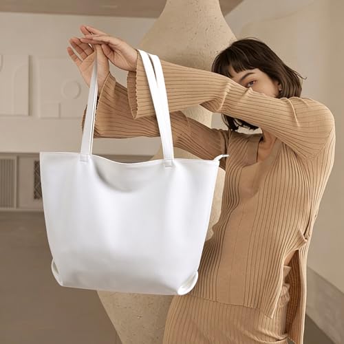 WLLWOO Soft Vegan Leather Tote Bag for Women Large Casual Hobo Handbags Zipper Shoulder Work Daily Weekender Travel Purse - color: White