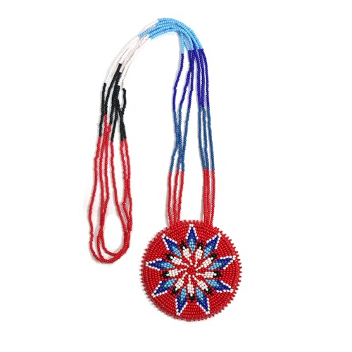 Handmade Native American Style Tribal ethnic Seed Bead Beaded Layered Medallion Necklace #1 - color: Red Star