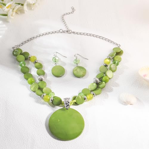 Layered Beads Statement Fashion Necklace Chunky Jewelry Set Big Colorful Glass Stone Circle Shell Pendant Choker Necklace and Earring Set for Women - color: Green