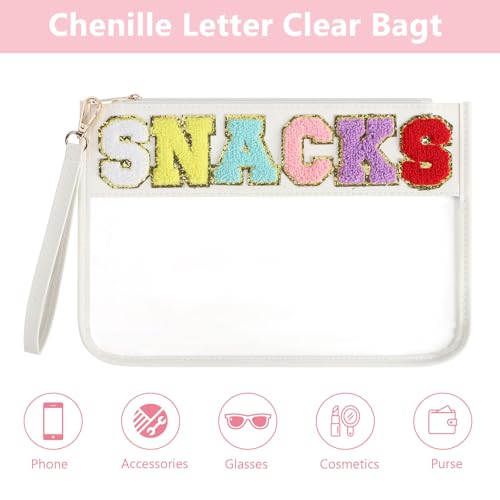 Clear Snack Bag for Travel, Chenille Letter Clear Zipper Snacks Pouch Nylon Cosmetic Bag Makeup Travel Bag for Women - color: White