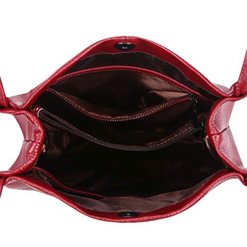 Iswee Genuine Leather Tote Bucket Bags Hobo Shoulder Bags Purse and Handbags for Women Trendy - color: Wine-lichee