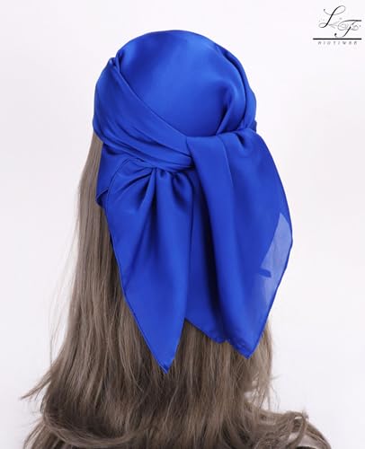 Hioyiwse Satin Square Scarf for Women Solid Color Emulation Silk Handkerchief Hair Ribbon Headband Handbag Purse - color: D6-blue(23.6*23.6inch)