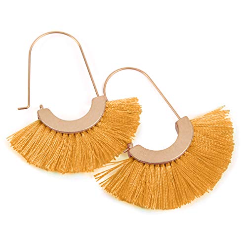 Bohemian Silky Thread Tassel Strand Fringe Statement Hoop Earrings - Lightweight Semi Circle Fan Threader, Mermaid Hoops - color: Fan Tassel Threader - Mustard