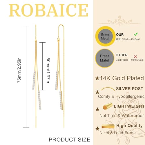 Robaice Gold Long Prom Earrings for Women, 14K Gold Plated Pearl Dangle Drop and Chain Tassel Threader Earrings Dangling，Rhinestone Zirconia Hypoallergenic Bride Party Prom Gold jewelry，Women Gifts - style: A-long threader earrings