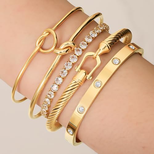 18 K Gold Plated Love Bangle Bracelet Stack Cuff Jewelry for Women Jewelry Set for Women Gift with Box - style: style7