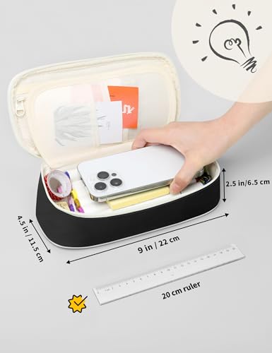 SUNEE Cute Pencil Case, Aesthetic Pen Pouch, Colored Large Pencil Bag with Zipper, Kawaii Stationery Storage and Organizer, School Supplies for Teen and Adult Girls, Black - color: Black