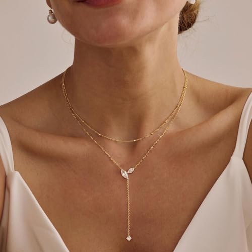 Gold Necklace for Women - Dainty Long Lariat Necklace 14K Gold Plated Clover Star Teardrop CZ Y Shaped Drop Necklaces Cute Long Necklaces for Women Trendy Prom Formal Womens Jewelry - color: Gold-Layered PJ Drop