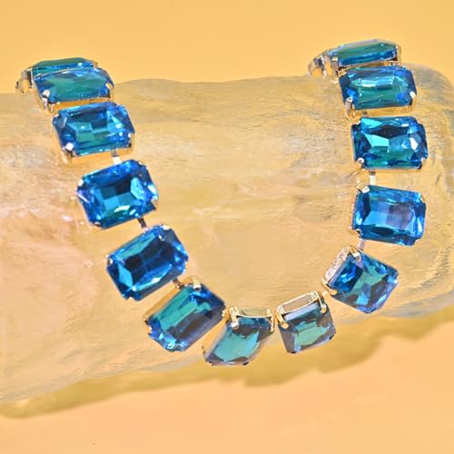 Fashionable Chunky Plated Tennis Rhinestone Statement Necklace Jewelry Set for Women Multicolor gem necklace with Great Sparkle and Shine Design for Women to Easy Match - color: lake blue square rhinestone